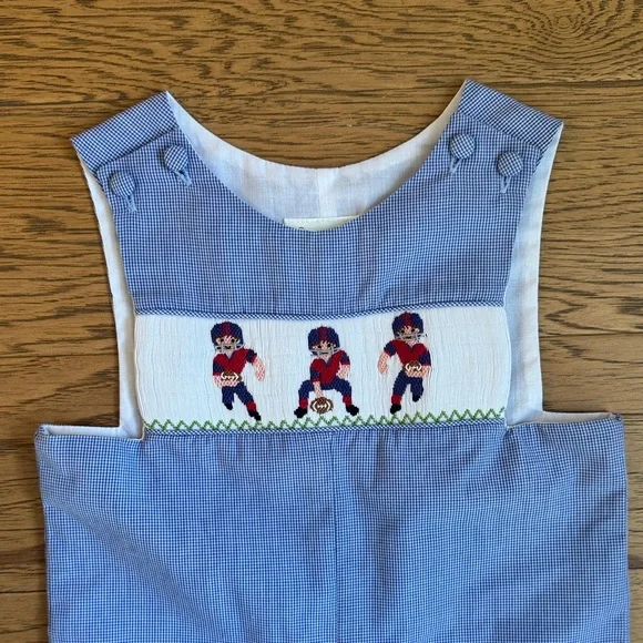 Embroidered Football Blue Gingham Smocked Romper - Picture 3 of 8